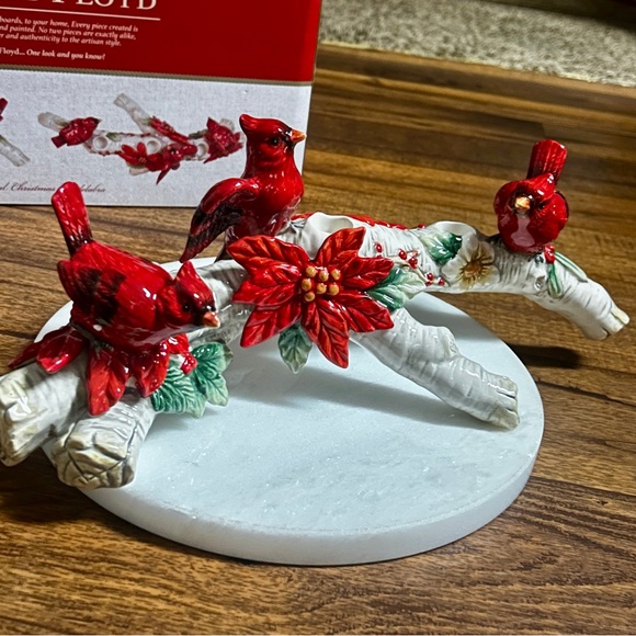Fitz & Floyd Ceramic Red/White Cardinal Christmas Candelabra Candle Holder ~New - Picture 1 of 16